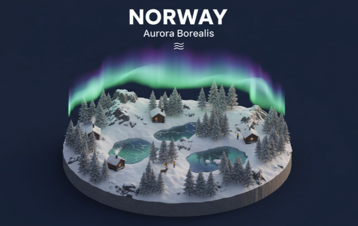 Stylized isometric diorama of a snowy Norwegian landscape with cabins, pine trees, ponds, deer, and green aurora borealis overhead, labeled 'NORWAY - Aurora Borealis'.