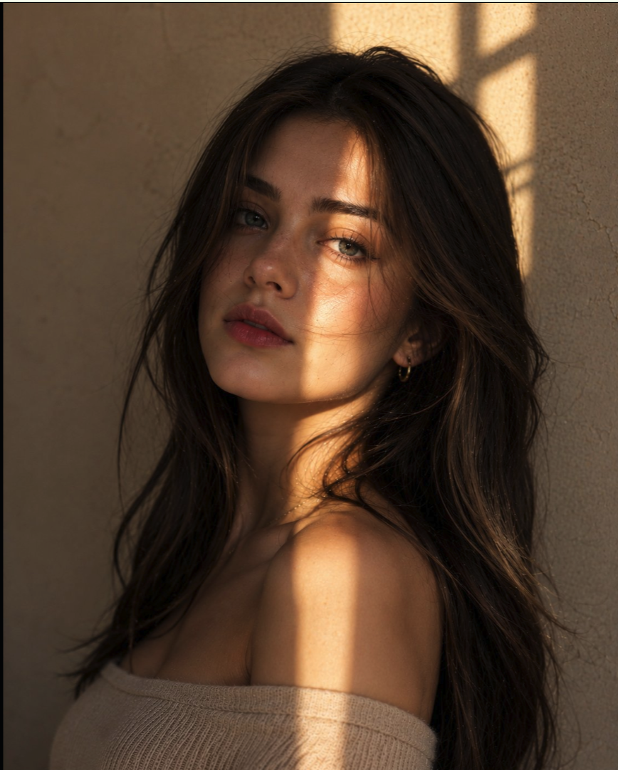 A woman resembling Odeya Rush lit by warm window light, with sunlight patterns on a wall behind her.