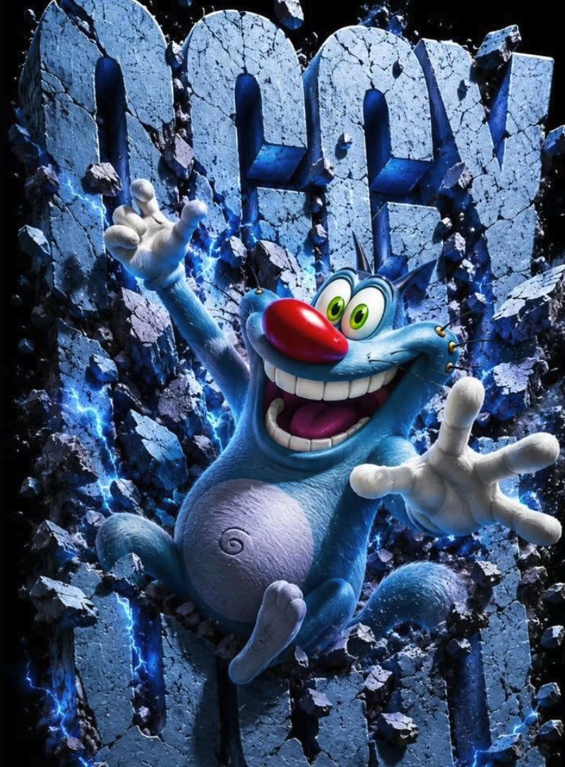 An animated blue cat character resembling Oggy bursting through a cracked stone wall with the text "OGGY" behind him.