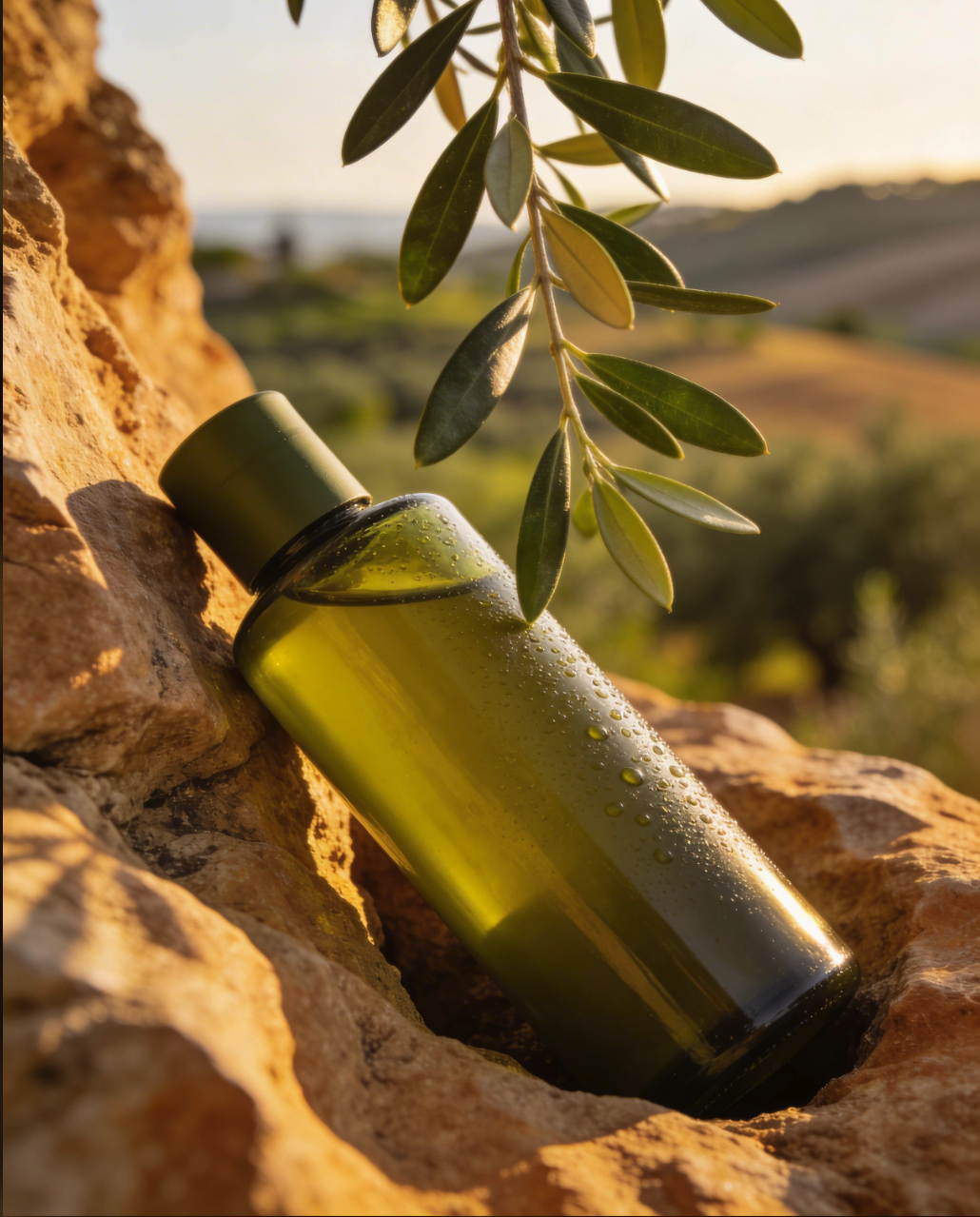 A green glass bottle resting among sun-warmed rocks beneath an olive branch at golden hour.
