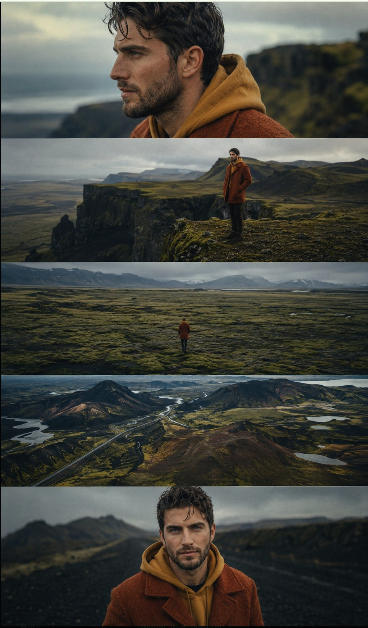 A multi-panel image of a man resembling Omar Avila in a rust-colored coat and mustard hoodie standing in a mossy volcanic landscape.