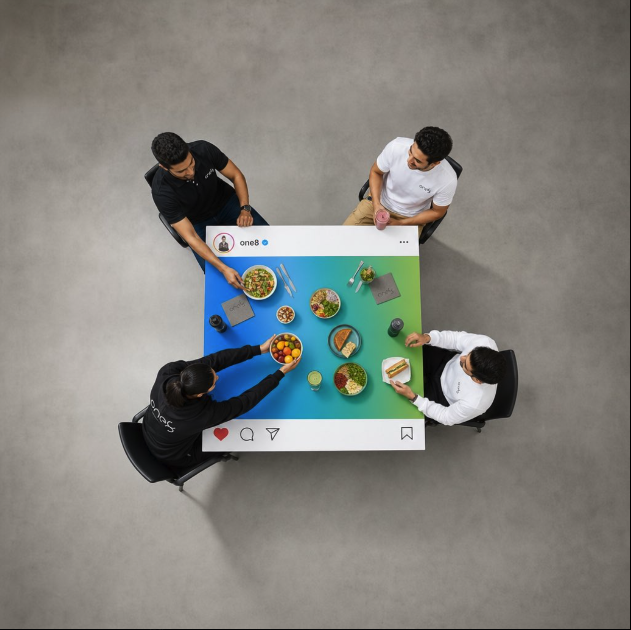 Four diners seated around a table styled as an Instagram post, wearing one8 branded shirts amid a spread of dishes.