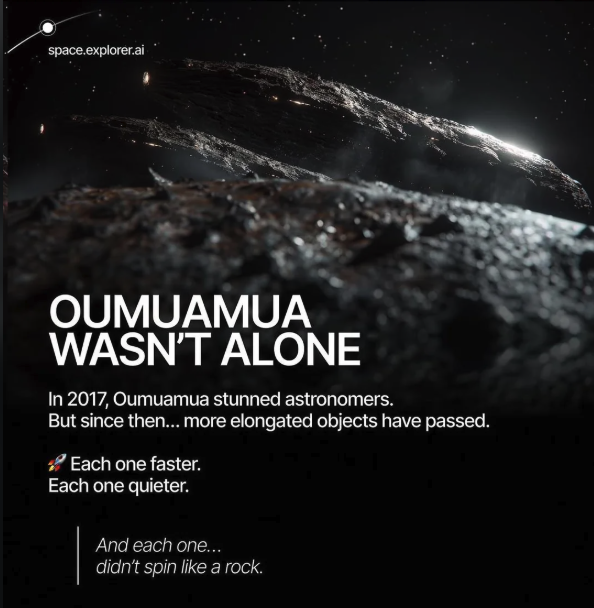 A dark rocky surface resembling an asteroid in space, overlaid with text about the interstellar object Oumuamua.