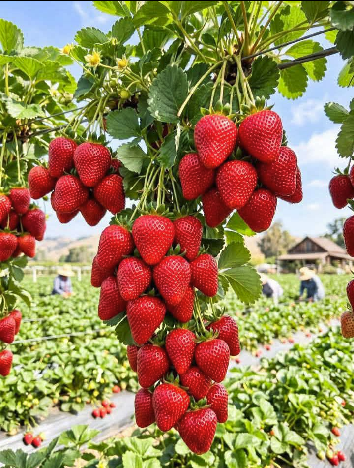 Dense clusters of large red strawberries hanging from leafy vines in a strawberry field, with farm workers visible in the background.