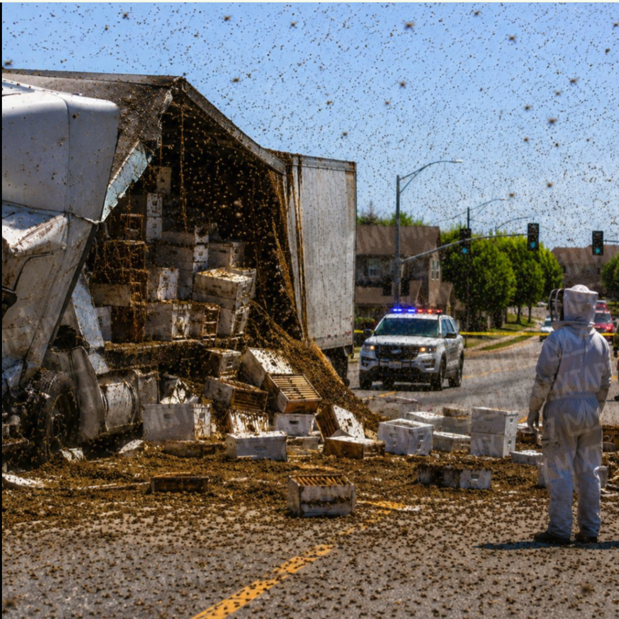An AI-generated scene of an overturned truck spilling boxes across a road while a person in a beekeeper suit and a police SUV respond.