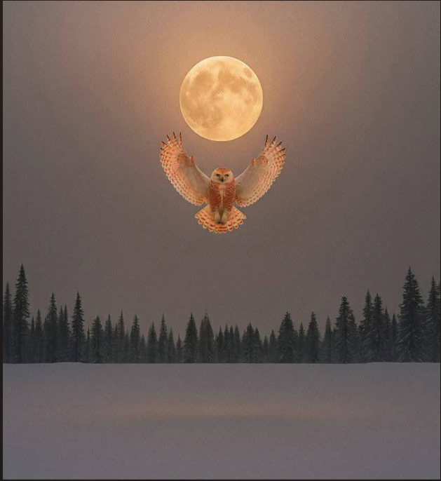 An owl with wings spread in mid-flight, centered against a full moon above a dark evergreen treeline and snowy ground.