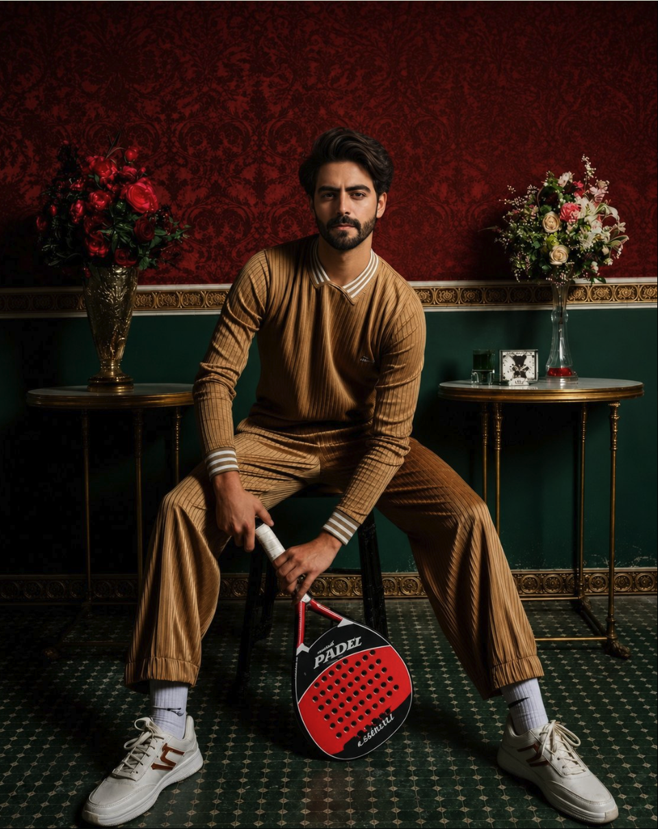 A man seated on a stool holding a red and black padel racket in a richly decorated interior.