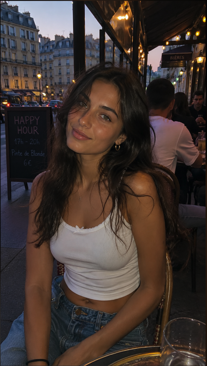 A young woman with long dark hair seated at an outdoor Parisian café beside a chalkboard advertising happy hour.