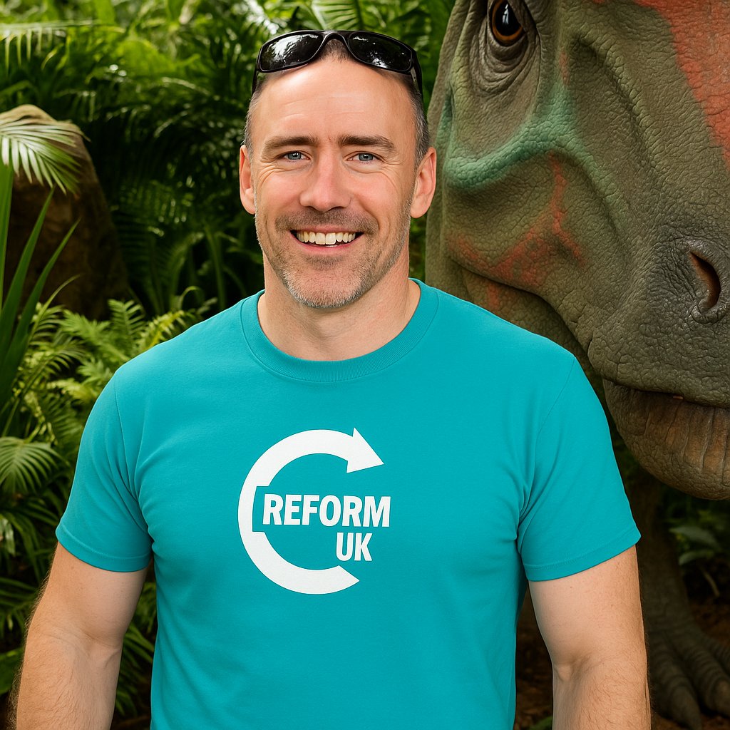 A man resembling Paul Doyle smiling in a teal Reform UK t-shirt with sunglasses on his head, in front of a large dinosaur and tropical foliage.