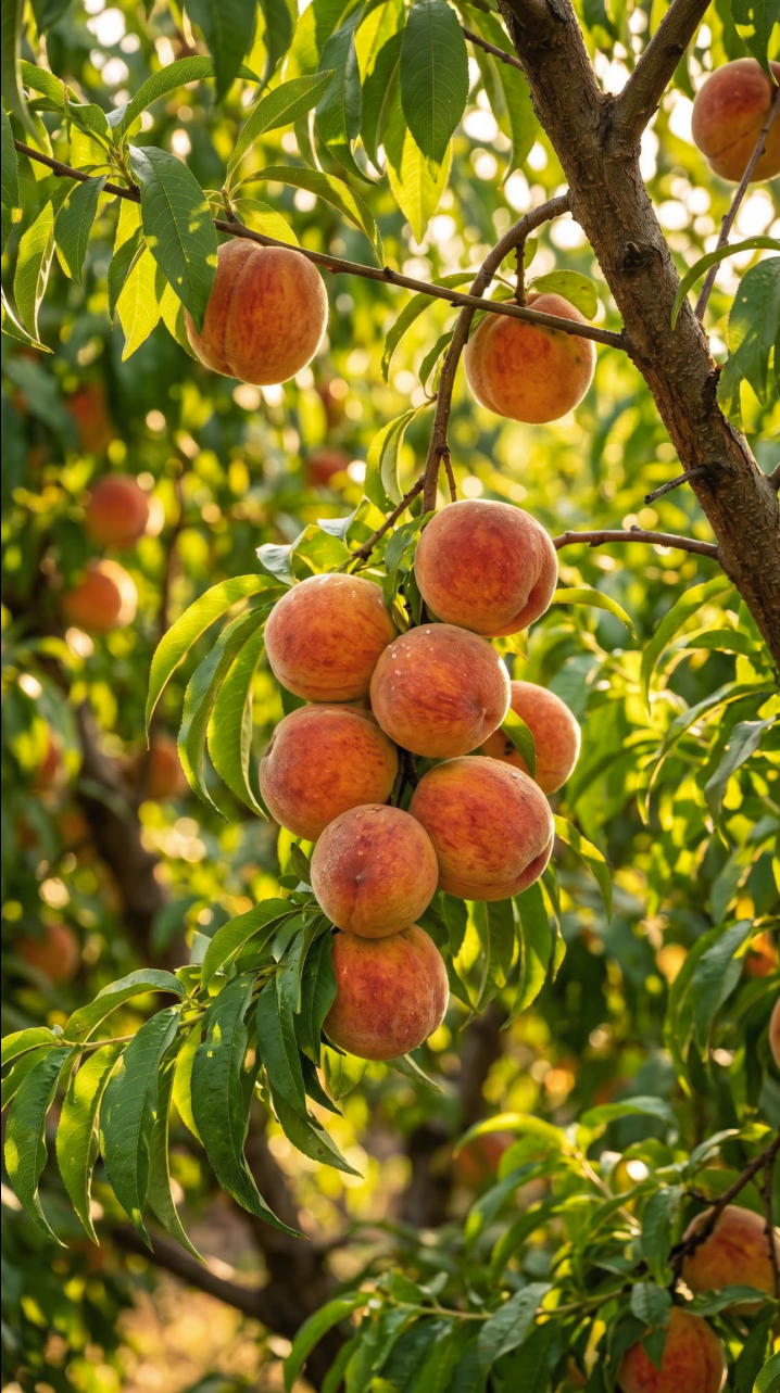 A cluster of ripe peaches hanging from branches surrounded by green leaves in warm sunlight.