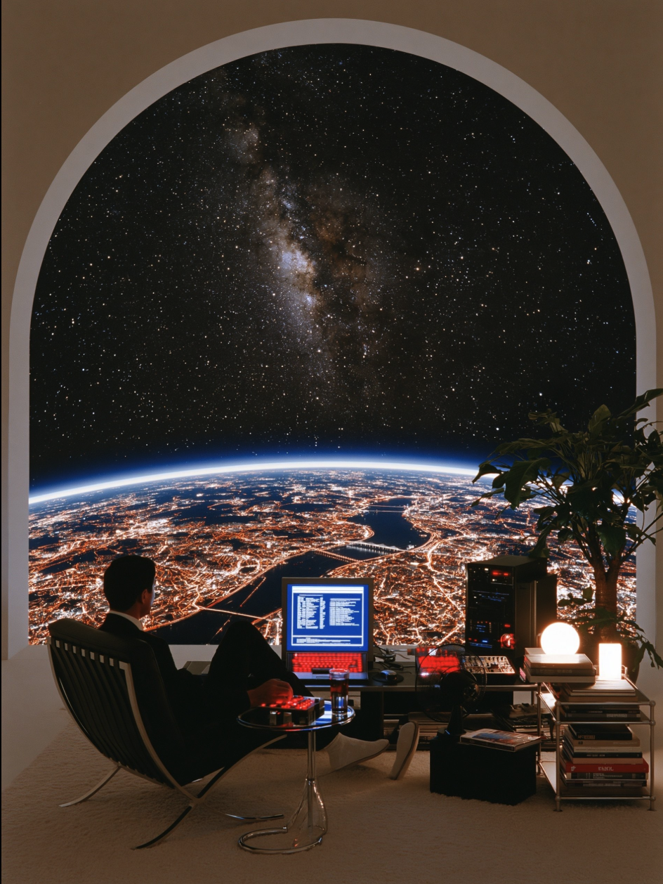 A person in a suit seated in a chair before a large arched window showing a city-lit Earth and a starry sky.