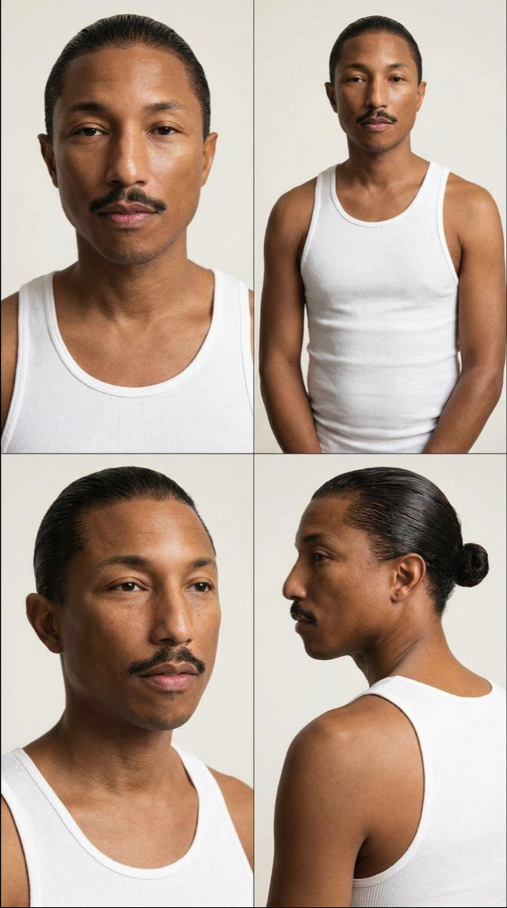 A four-panel portrait of a man resembling Pharrell Williams in a white tank top, shown from multiple angles against a neutral background.