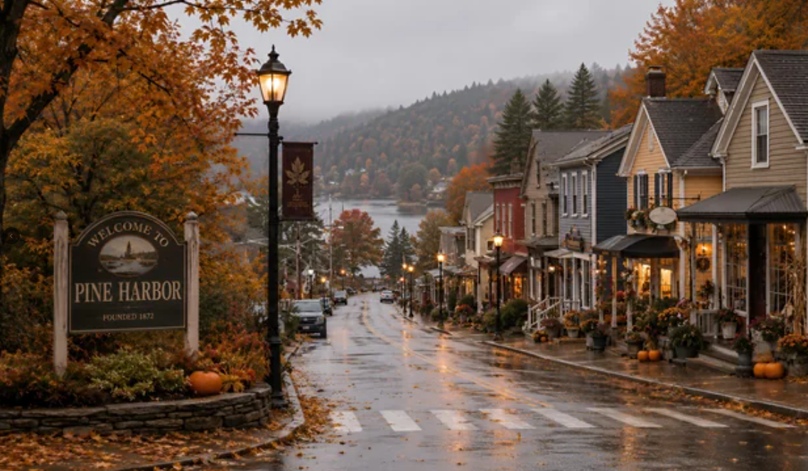 A small-town street named Pine Harbor in autumn, with a welcome sign, fall foliage, lamp posts, and houses.