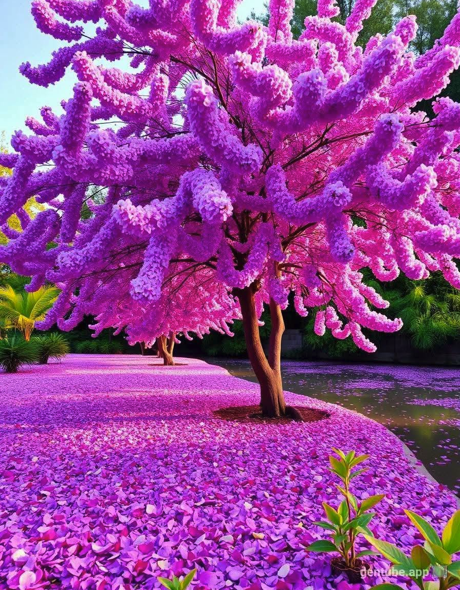 A vibrant pink and magenta flowering tree with abundant blossoms standing beside a pond in a tropical garden.