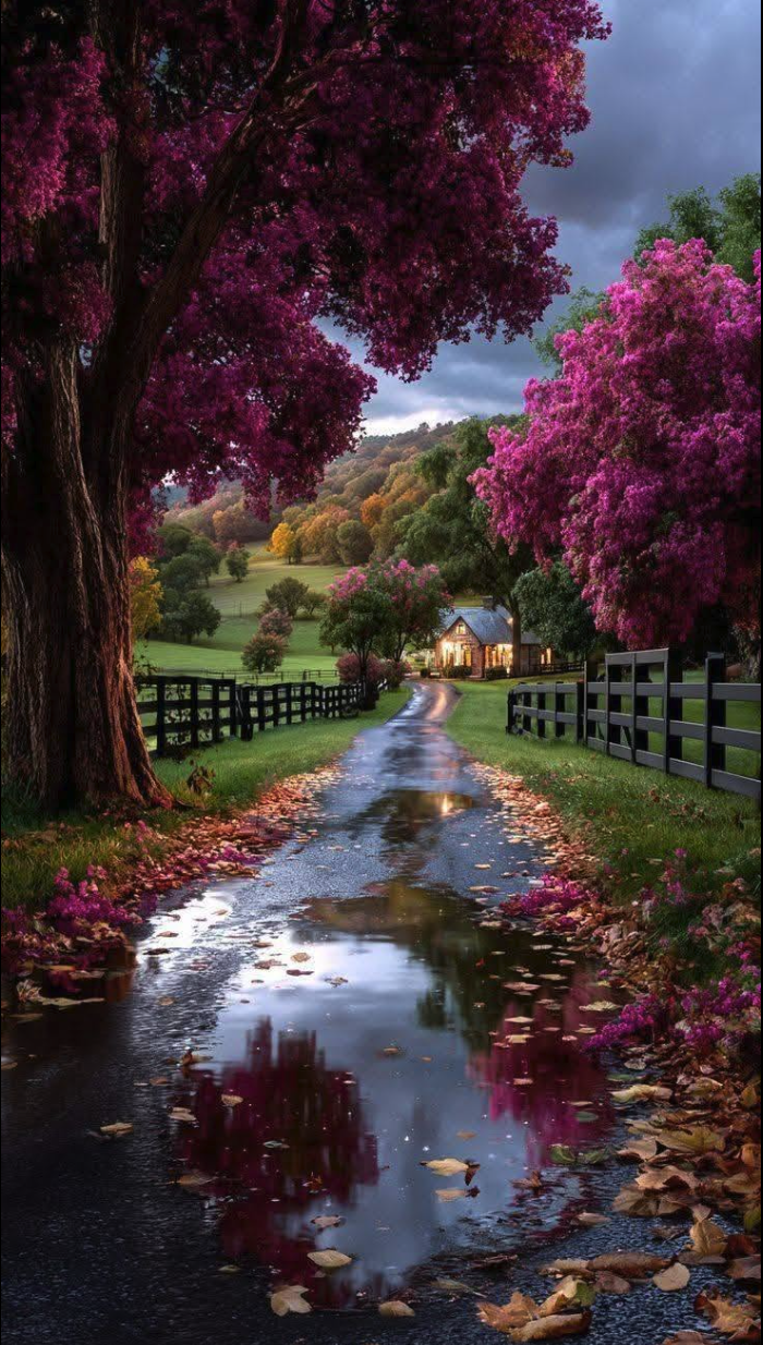 An AI-generated landscape with vibrant pink flowering trees framing a wet path leading to a small lit cottage.