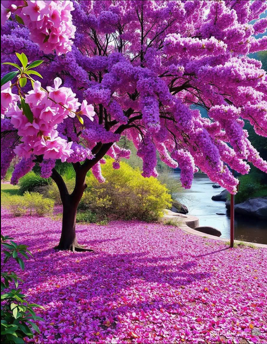 A heavily saturated tree with pink and purple blossoms beside a small stream, with fallen petals covering the ground.