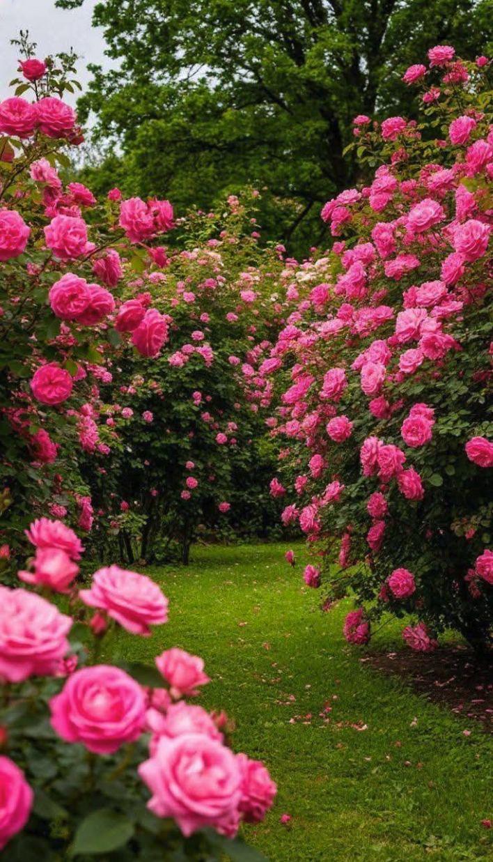 A grassy garden pathway lined with abundant pink rose bushes and green trees.