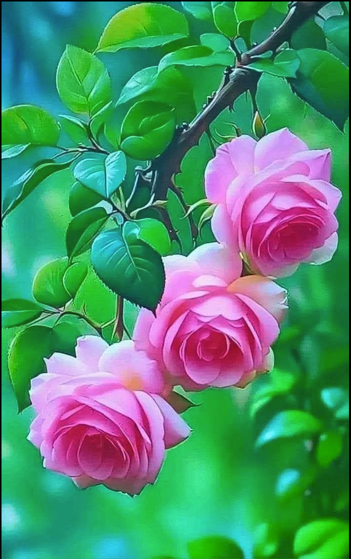 Three pink roses in bloom on a branch surrounded by glossy green leaves.