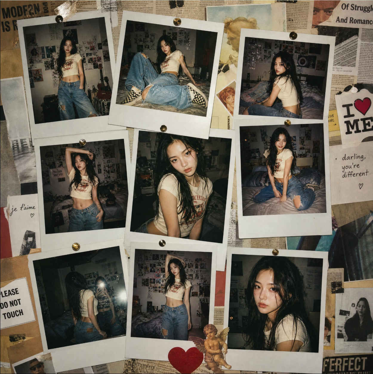 A collage of polaroid-style photos of a young woman with long dark hair in a crop top and jeans, pinned to a board with clippings.