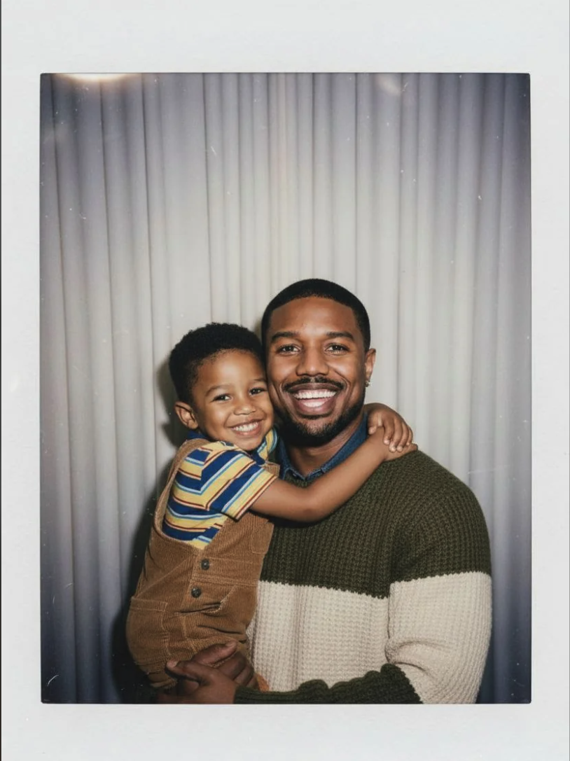Polaroid-style portrait of a Michael B Jordan in a sweater holding a young child in front of a pale curtain backdrop.