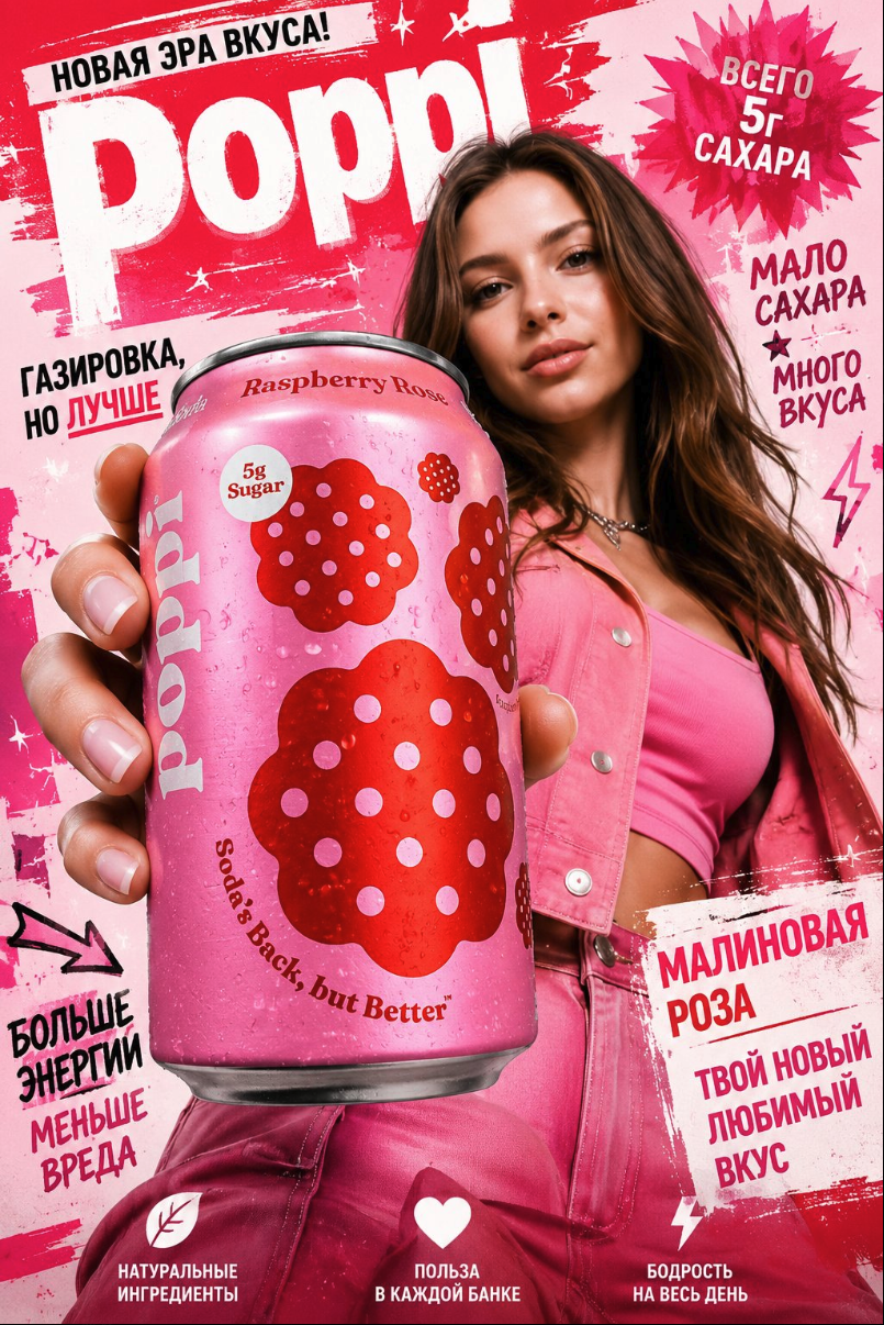 An AI-generated advertisement for Poppi Raspberry Rose soda, showing a woman holding a pink can against a pink grunge-style background with Russian text.