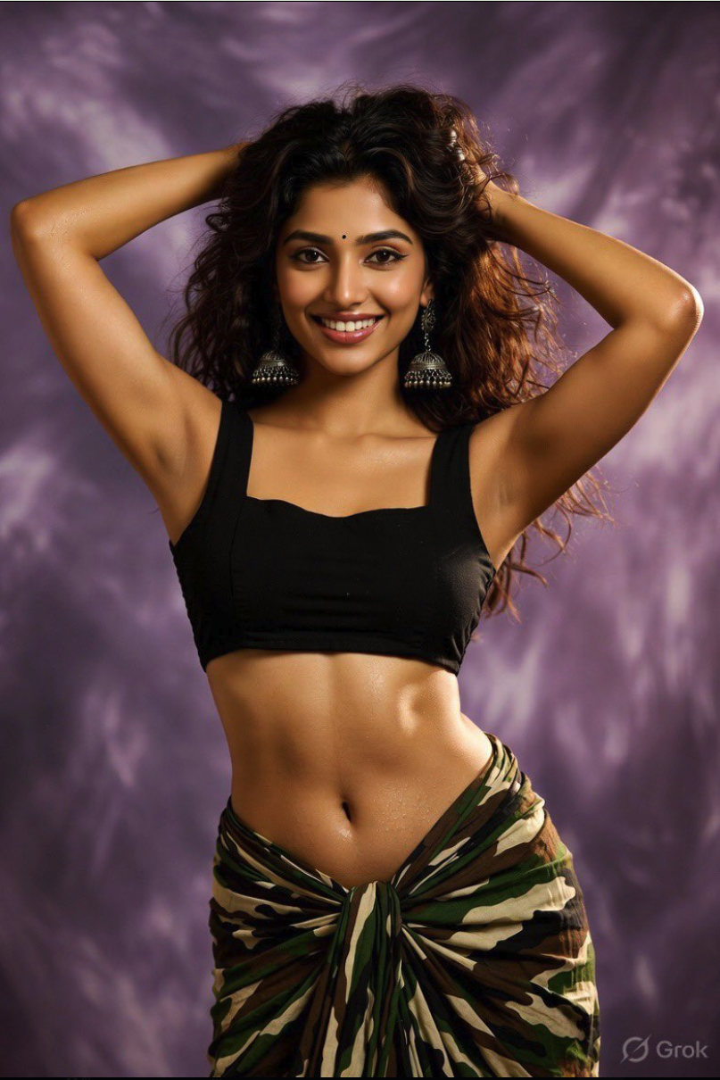 A woman wearing silver jhumka earrings, a black blouse, and a camouflage wrap, posing in front of a purple backdrop.