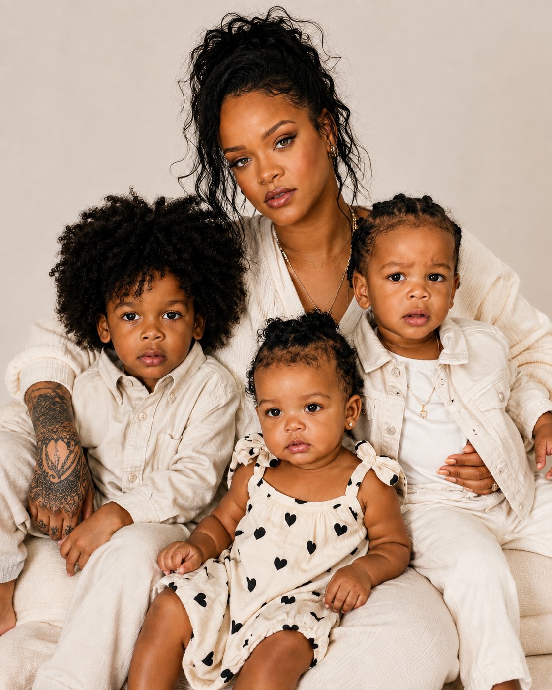 A studio-style portrait of Rihanna with three young children seated together against a plain cream backdrop.