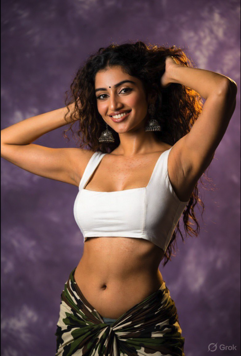 A smiling woman with curly dark hair wearing a white crop top and a patterned wrap skirt against a purple studio backdrop.