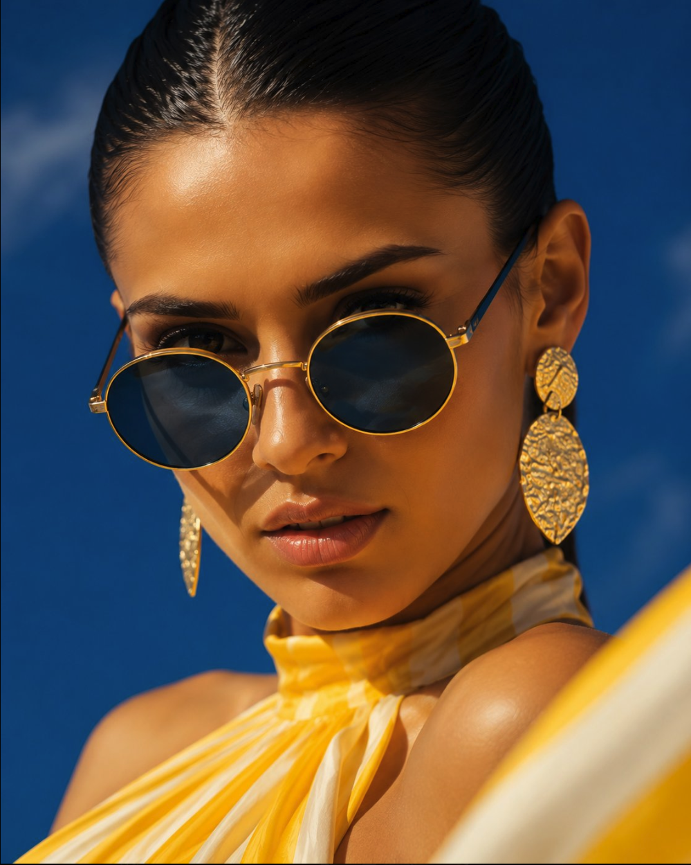 A woman with dark hair wearing round sunglasses and ornate gold earrings, set against a blue sky.