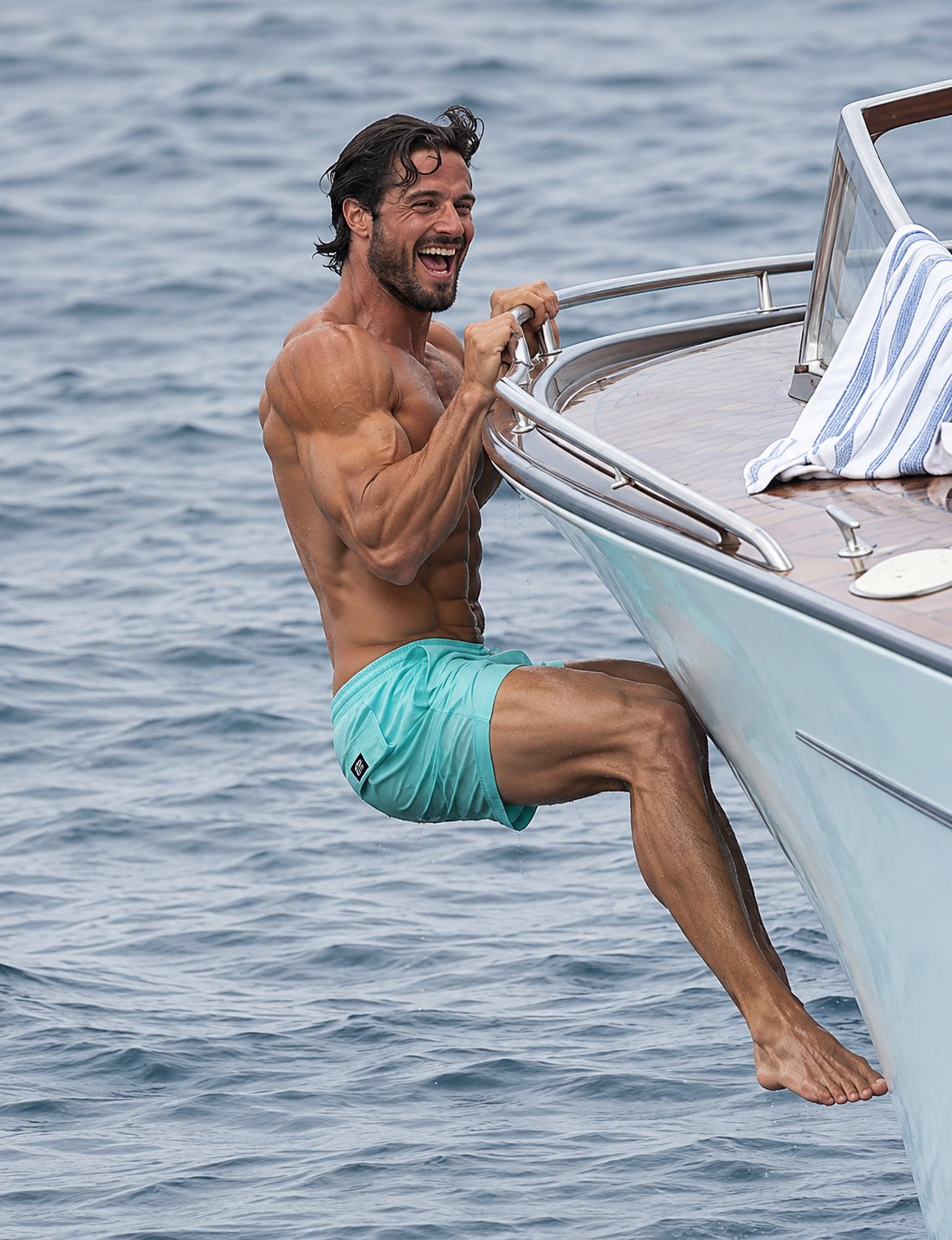 A shirtless man resembling Prince Carl Philip, Duke of Värmland, laughing as he climbs from the water onto a boat.