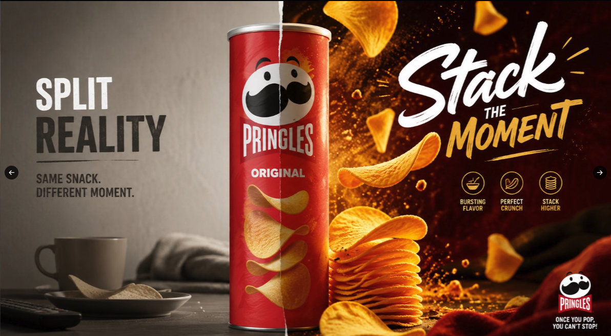 A split-screen Pringles advertisement showing a single Original can divided between a muted gray scene and a vibrant orange scene with on-screen text.