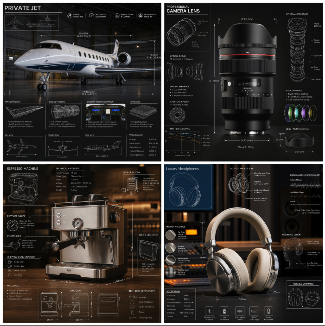 A four-panel product infographic grid showing a private jet, a camera lens, an espresso machine, and luxury headphones with technical specifications.