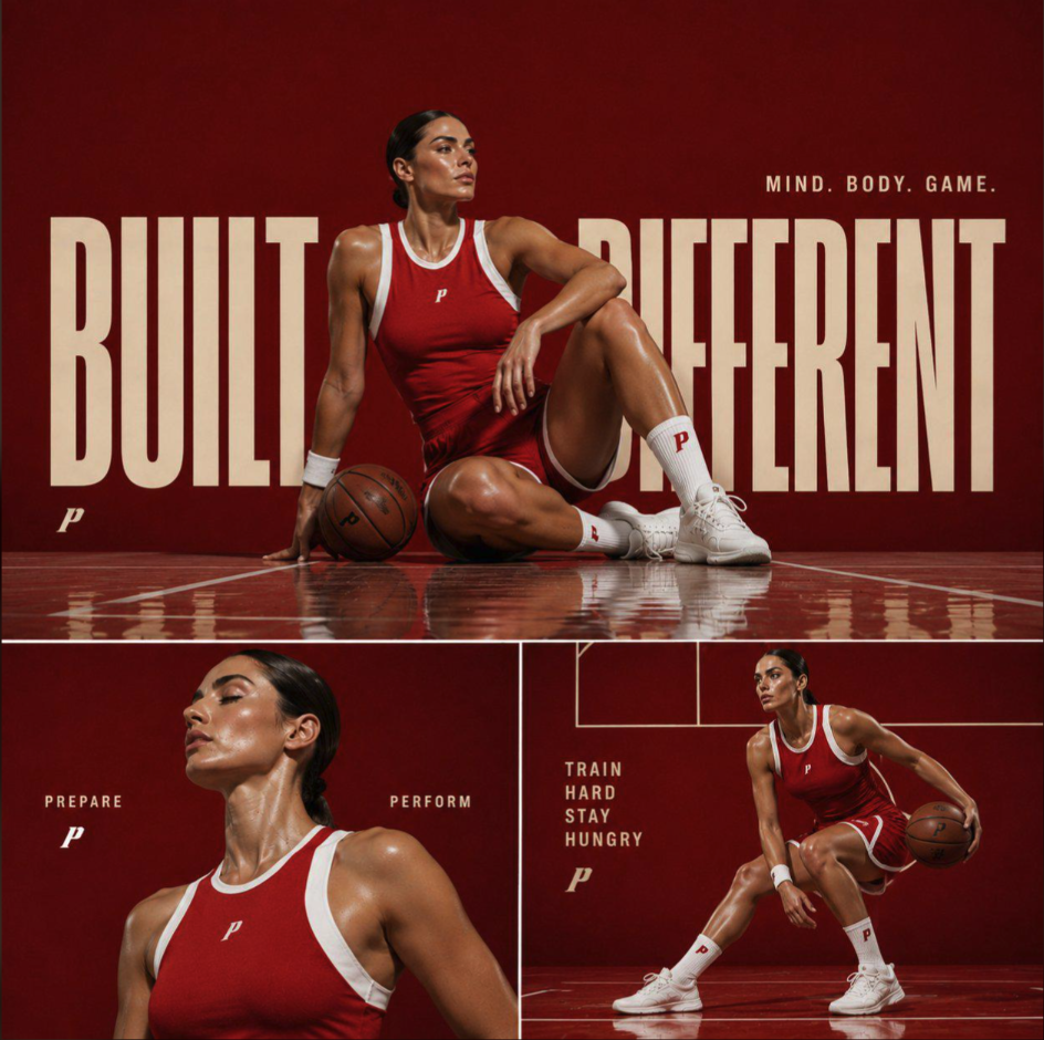 A three-panel collage showing a woman in red athletic wear posed with a basketball for a 'Built Different' campaign.