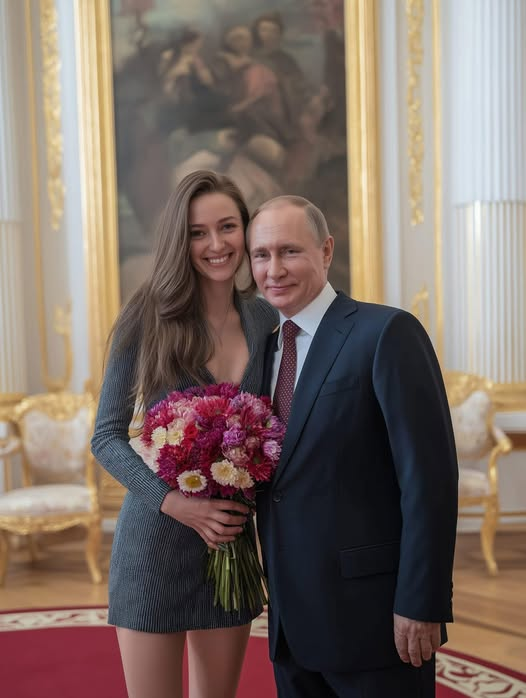 A man resembling Vladimir Putin posing with a smiling young woman holding a bouquet in an ornate gilded interior.