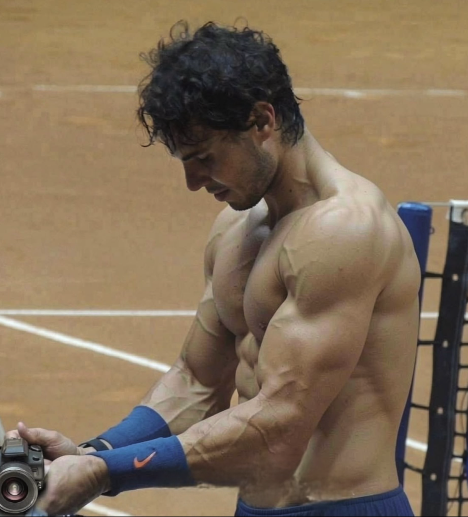 A muscular man resembling Rafael Nadal, shirtless and wearing a blue Nike wristband, standing on a clay tennis court.