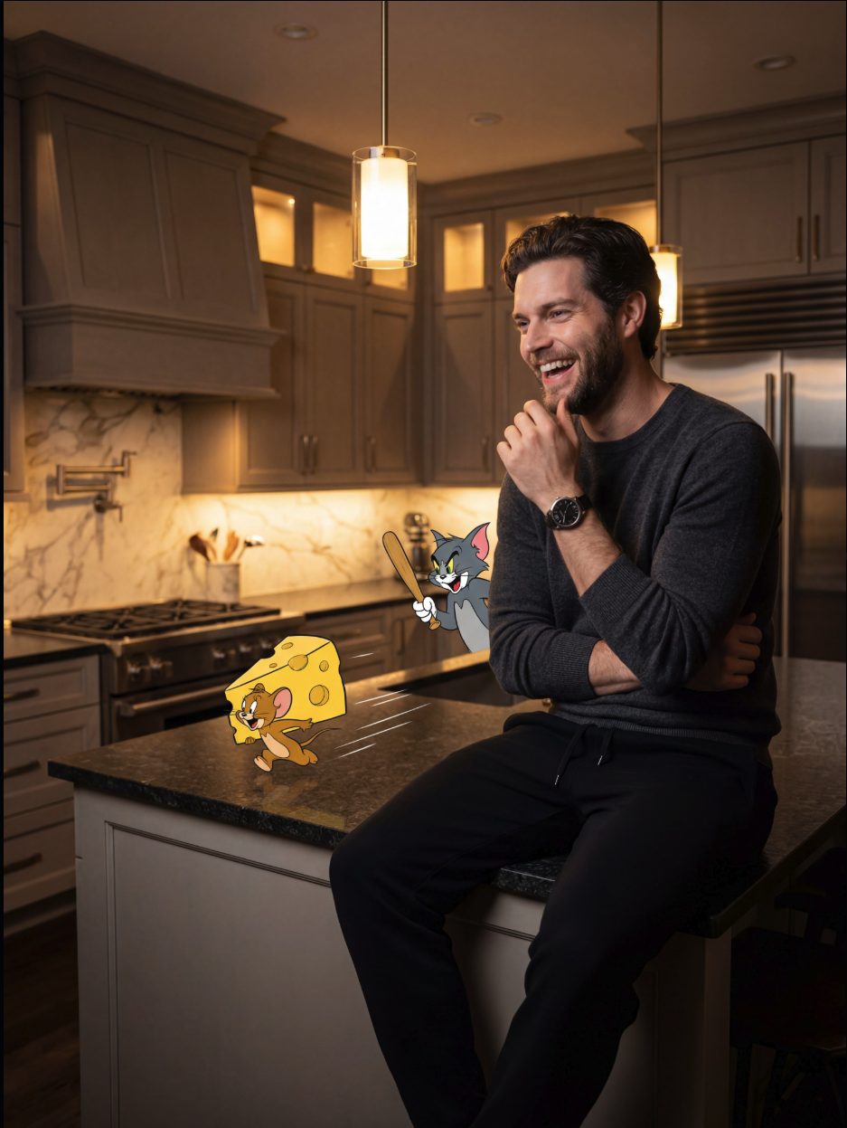 A man sitting on a kitchen counter with Tom and Jerry cartoon characters overlaid.