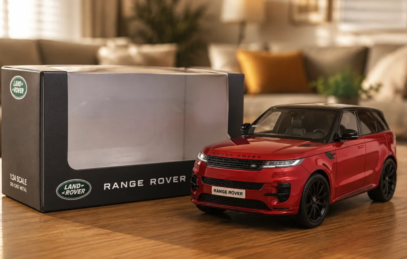 A 1:24 scale die-cast red Range Rover model car beside its branded Land Rover packaging on a wooden surface.