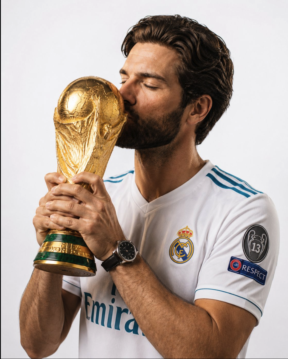 An unidentified bearded man in a white Real Madrid jersey kissing the FIFA World Cup trophy.