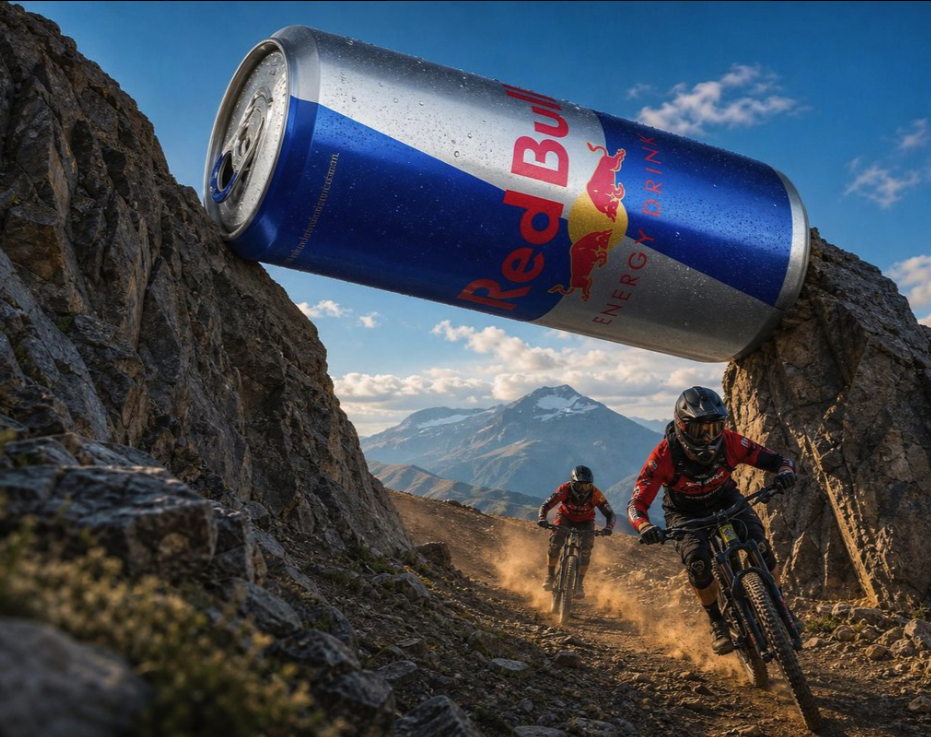 Two mountain bikers in full gear riding a rocky trail, passing beneath a giant Red Bull energy drink can forming an arch between two cliffs.