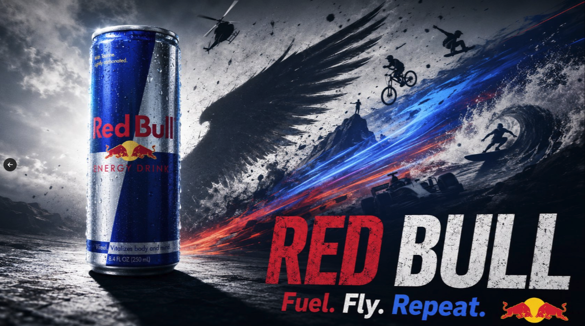 A Red Bull energy drink can beside silhouettes of extreme sports athletes, with the slogan 'RED BULL Fuel. Fly. Repeat.'