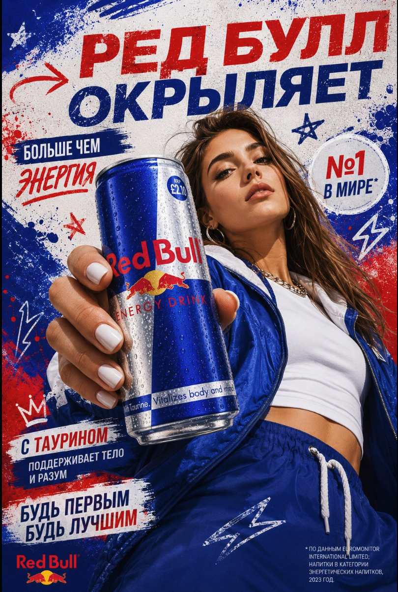 An unidentified woman holding a Red Bull energy drink can in front of a Russian-language Red Bull advertisement background.