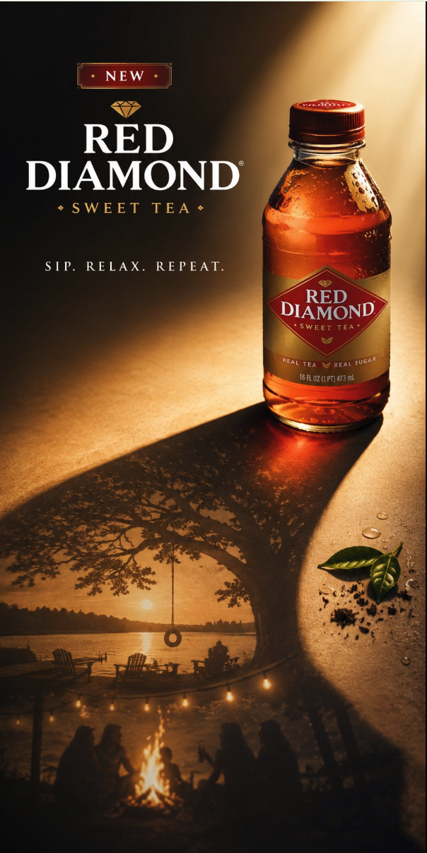 A bottle of Red Diamond Sweet Tea whose cast shadow forms a campfire scene with figures around a tree by a lake.