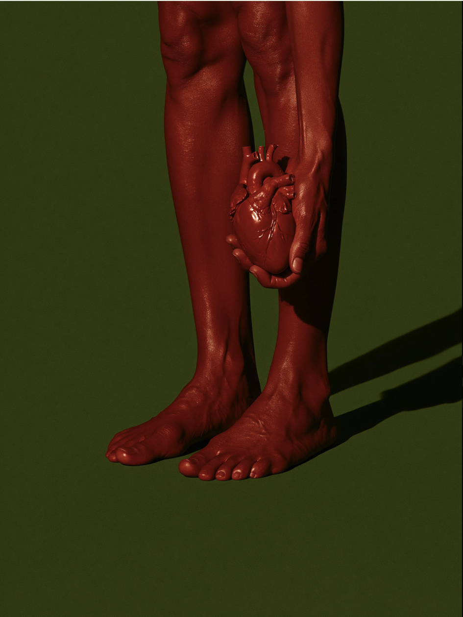 A stylized, monochromatic red figure showing only the lower legs, feet, and hands, cradling an anatomical heart against a dark olive-green background.