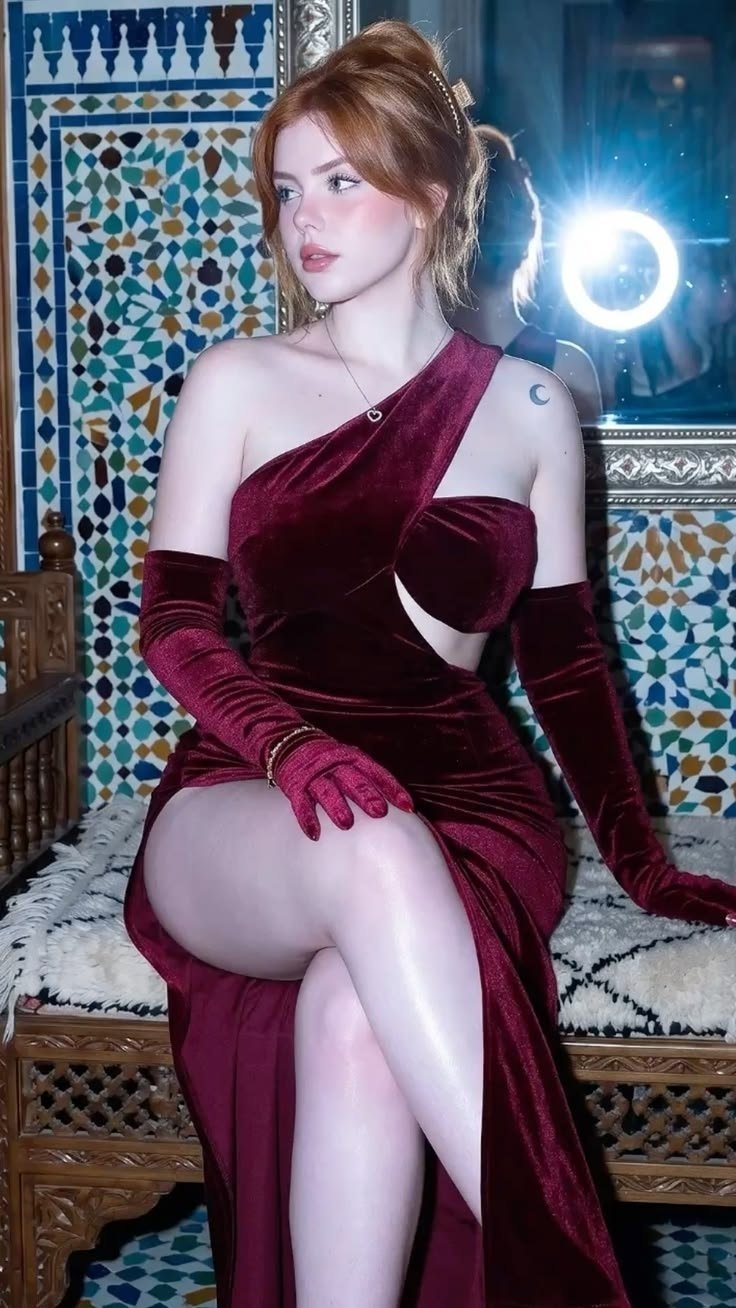 A woman with red hair in an updo, wearing a one-shoulder burgundy velvet dress with long gloves, seated before patterned tilework.