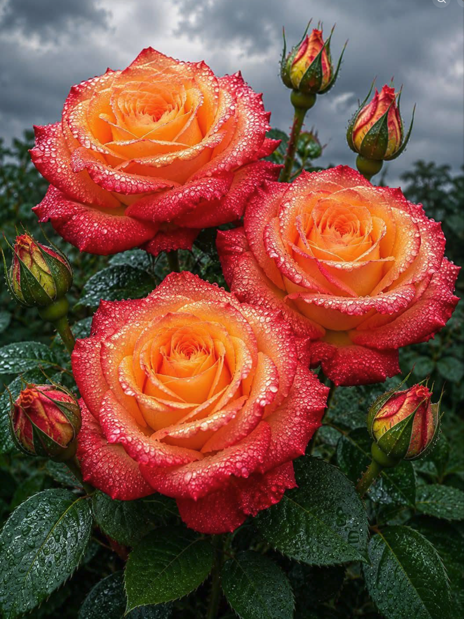 Three red and orange roses with water droplets on their petals against a cloudy gray sky.