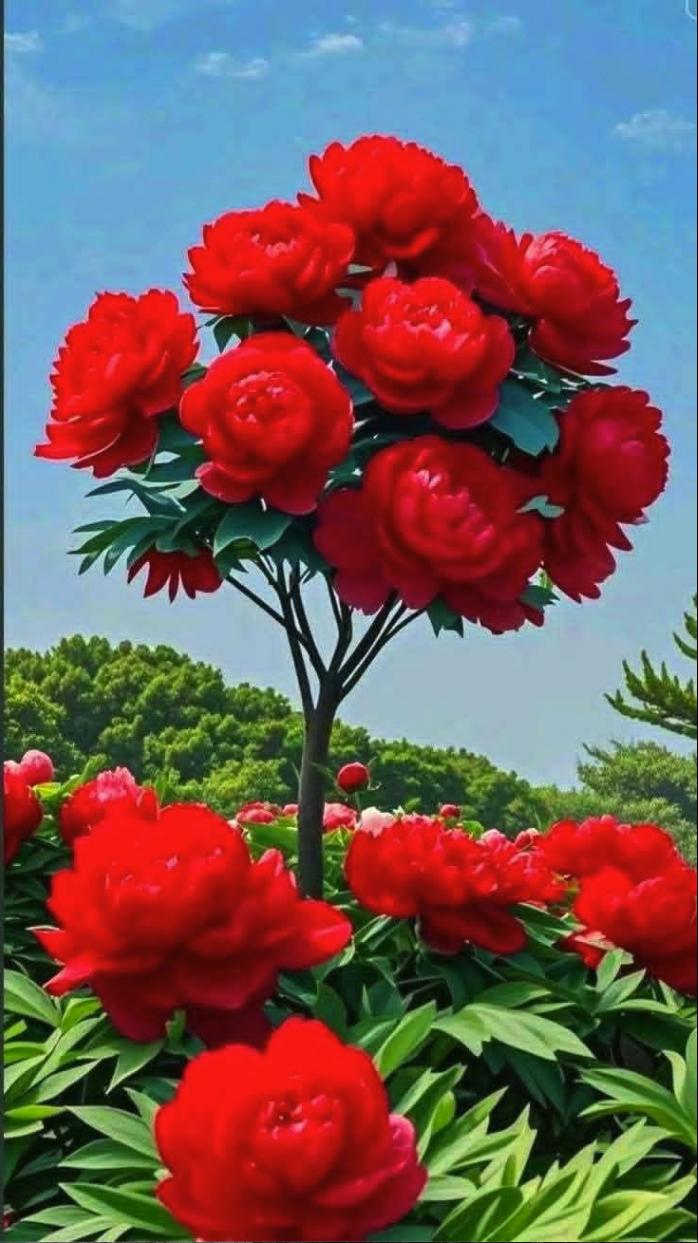 An image of a slender tree covered in large red peony blossoms set in a green garden under a blue sky.