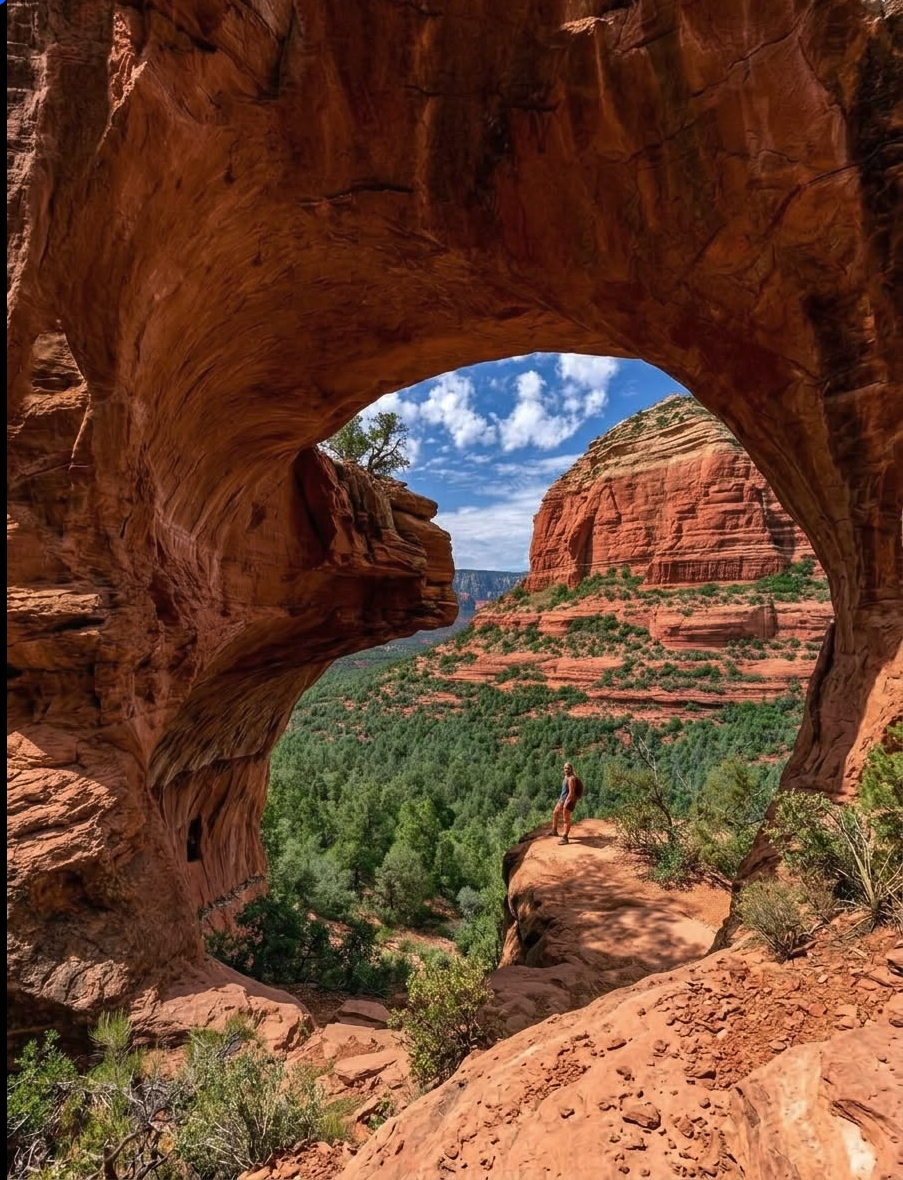 A person standing on a rocky ledge within a large natural red rock arch, looking out over a forested canyon.