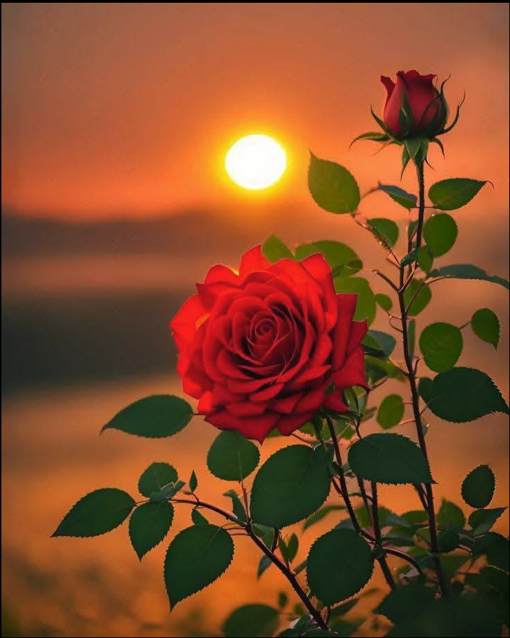A red rose with a smaller bud in front of a bright sun low on the horizon over water.