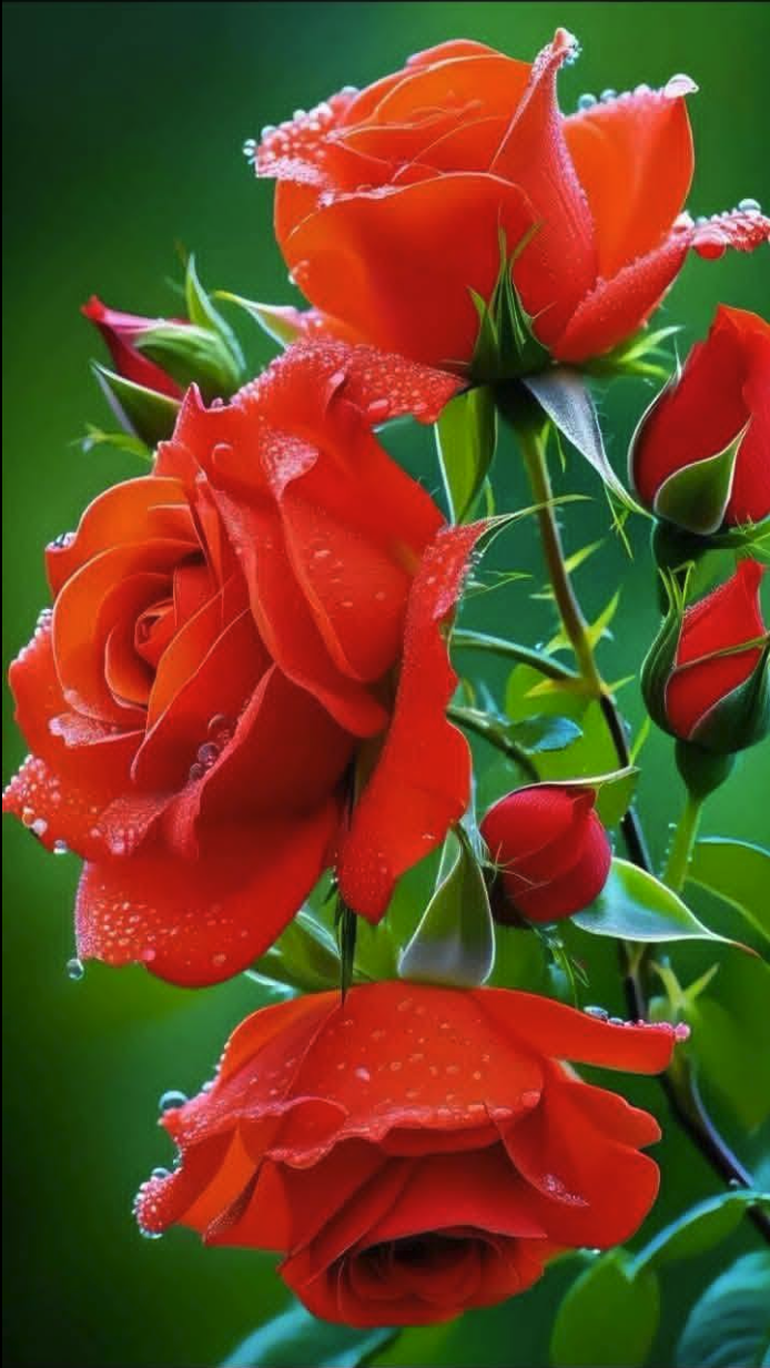 Red roses in bloom covered in water droplets against a blurred green background.