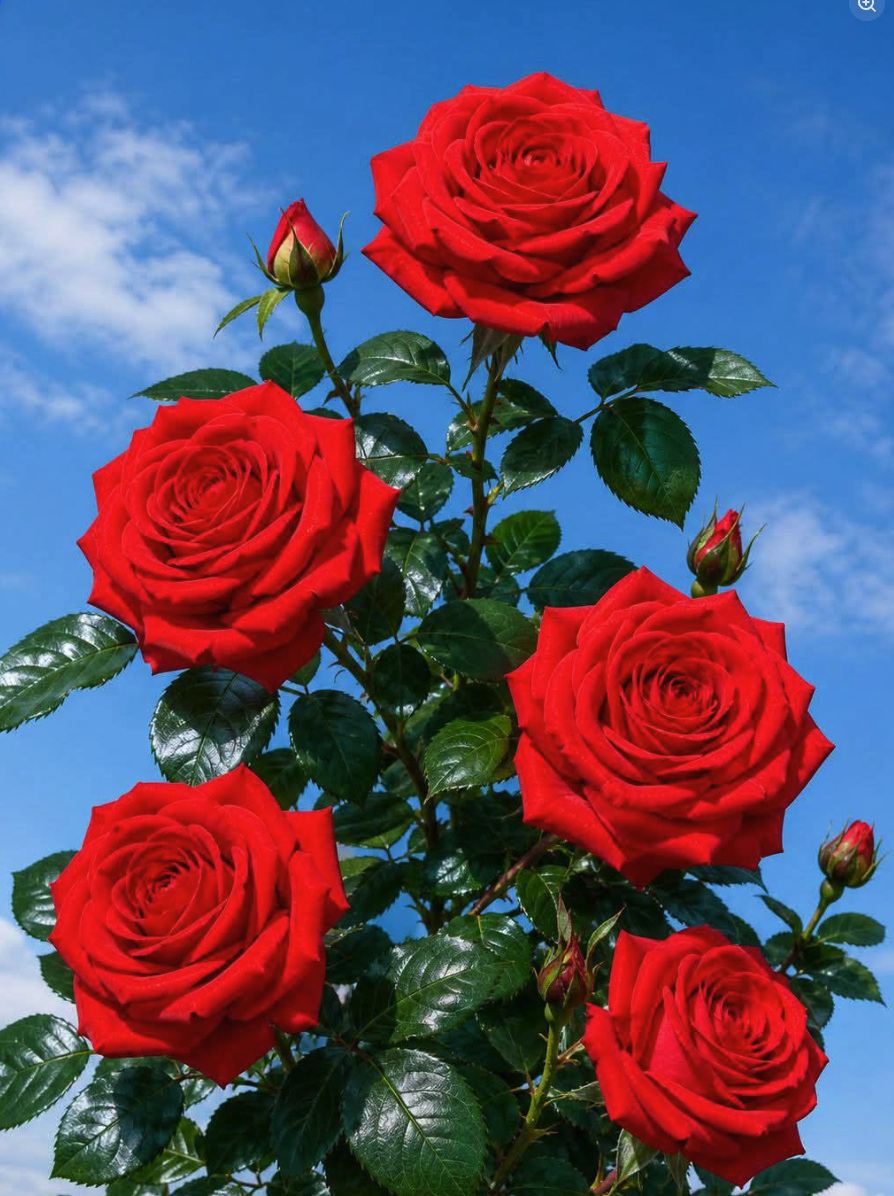 Red roses in full bloom with green leaves set against a blue sky with scattered clouds.